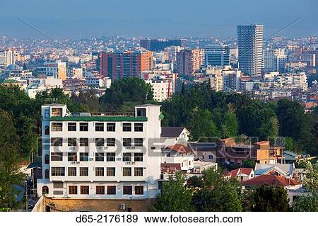 Albania, Tirana, elevated city view, dawn. View Large Photo Image Stock Photo - Albania, Tirana, elevated city view, dawn.. Fotosearch
