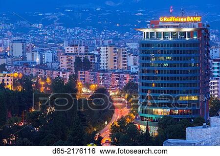 Albania, Tirana, elevated city view, dusk. View Large Photo Image Stock Photograph - Albania, Tirana, elevated city view, dusk.. Fotosearch