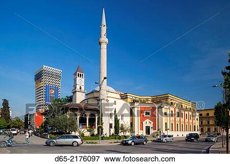 Albania, Tirana, Skanderbeg Square, Ethem Bey Mosque. View Large Photo Image Stock Photo - Albania, Tirana, Skanderbeg Square, Ethem Bey Mosque.. Fotosearch