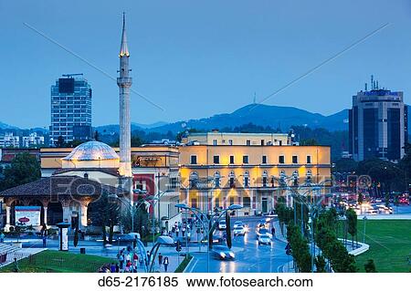 Albania, Tirana, Skanderbeg Square, elevated view, dusk. View Large Photo Image Stock Photography - Albania, Tirana, Skanderbeg Square, elevated view, dusk.. Fotosearch