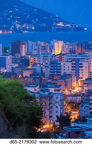 Albania, Vlora, elevated city view, dusk. View Large Photo Image Stock Image - Albania, Vlora, elevated city view, dusk.. Fotosearch