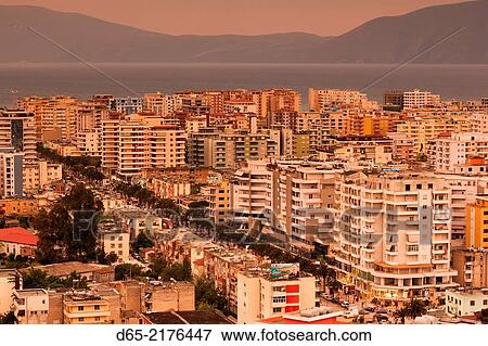 Albania, Vlora, elevated city view, dusk. View Large Photo Image Stock Photo - Albania, Vlora, elevated city view, dusk.. Fotosearch