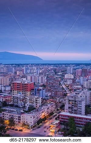 Albania, Vlora, elevated city view, dusk. View Large Photo Image Stock Photo - Albania, Vlora, elevated city view, dusk.. Fotosearch