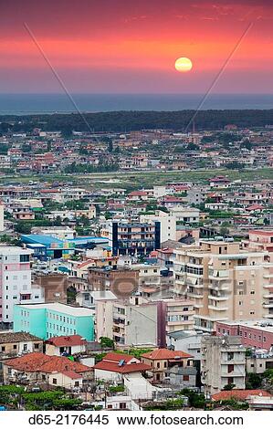 Albania, Vlora, elevated city view, dusk. View Large Photo Image Stock Photography - Albania, Vlora, elevated city view, dusk.. Fotosearch