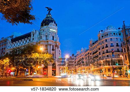Stock Image - Alcala street and Gran Via, night view. Madrid, Spain.. Fotosearch