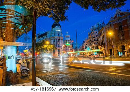 Stock Photo - Alcala street at night. Madrid, Spain.. Fotosearch