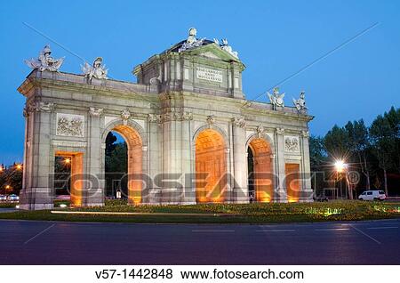 AlcalB Gate, night view. Madrid, Spain. View Large Photo Image Stock Photo - AlcalB Gate, night view. Madrid, Spain.. Fotosearch
