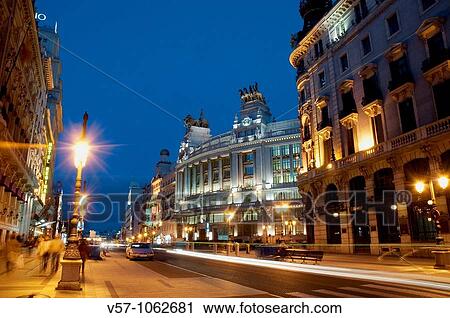 Stock Image - AlcalB Street, night view. Madrid, Spain.. Fotosearch