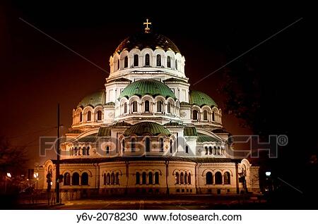 Stock Image - Alexander Nevsky cathedral illuminated at night. Sofia, Bulgaria.. Fotosearch