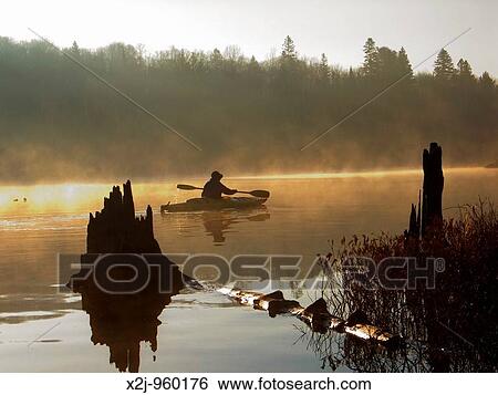 Algonquin Provincial Park, Ontario Canada - Gail Francis paddles a kayak on Tom Thomson Lake in the early morning while on a canoe/kayak camping trip in Algonquin Provincial Park View Large Photo Image Stock Photograph - Algonquin Provincial Park, Ontario Canada - Gail Francis paddles a kayak on Tom Thomson Lake in the early morning while on a canoe/kayak camping trip in Algonquin Provincial Park. Fotosearch