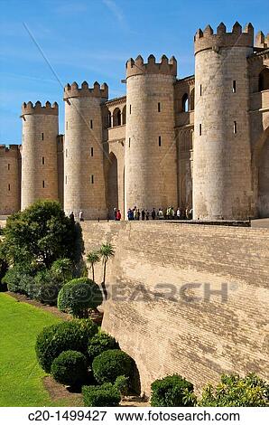 Aljaferia palace, XIth c, fortified walls and towers, Saragossa Aragon Spain View Large Photo Image Stock Photo - Aljaferia palace, XIth c, fortified walls and towers, Saragossa Aragon Spain. Fotosearch