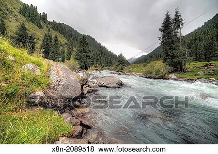 Stock Photo - Altyn Arashan river and valley, Issyk Kul oblast, Kyrgyzstan.. Fotosearch