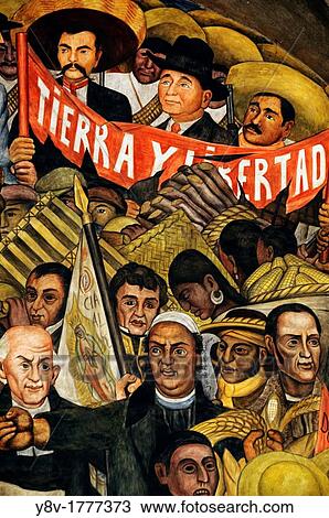 Stock Image - America. Mexico. Mexico DF. National Palace Independence War and the Mexican Revolution mural, detail with the main heroes, Father Hidalgo, Morelos, Allende, Zapata, etc. Diego Rivera's Work 1886-1957. Fotosearch