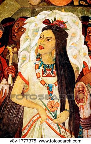 America. Mexico. Mexico DF. National Palace. El Gran Tenochtitlan The Great Tenochtitlan in 1325 mural. Detail of woman crowned with flowers, symbolizing Xochiquetzal, goddess of love and flowers. Diego Rivera's Work 1886-1957 View Large Photo Image Stock Photography - America. Mexico. Mexico DF. National Palace. El Gran Tenochtitlan The Great Tenochtitlan in 1325 mural. Detail of woman crowned with flowers, symbolizing Xochiquetzal, goddess of love and flowers. Diego Rivera's Work 1886-1957. Fotosearch