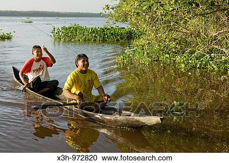 amerindian Warao young boys in dugout canoe among hyacinth on Orinoco river, Bolivarian Republic of Venezuela, South America View Large Photo Image Stock Image - amerindian Warao young boys in dugout canoe among hyacinth on Orinoco river, Bolivarian Republic of Venezuela, South America. Fotosearch