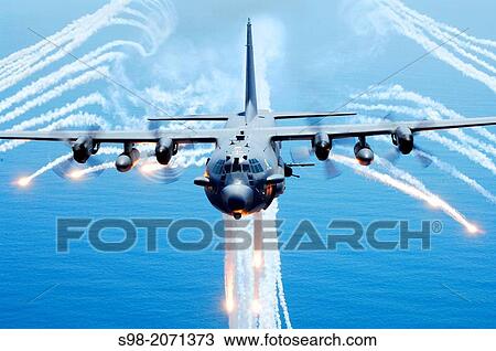 An AC-130U gunship from the 4th Special Operations Squadron jettisons flares over an area near here, Aug. 24. The flares are a counter measure for heat seeking missiles that may be aimed at the planes real-world missions. View Large Photo Image Stock Image - An AC-130U gunship from the 4th Special Operations Squadron jettisons flares over an area near here, Aug. 24. The flares are a counter measure for heat seeking missiles that may be aimed at the planes real-world missions.. Fotosearch