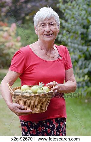 An old lady carrying a basket of green apples in a garden View Large Photo Image Stock Image - An old lady carrying a basket of green apples in a garden. Fotosearch