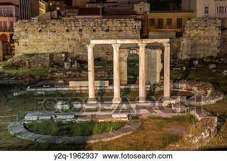 Ancient ruins of the Roman Agora or Forum at night in the centre of Athens, Greece. View Large Photo Image Stock Photo - Ancient ruins of the Roman Agora or Forum at night in the centre of Athens, Greece.. Fotosearch