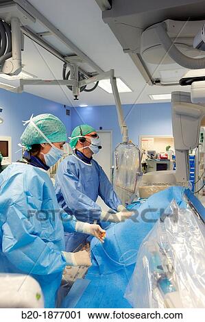 Stock Image - Angioplasty Distal, Vascular Interventional Radiology, Operating Room, Surgery, Hospital Donostia, San Sebastian, Gipuzkoa, Basque Country, Spain. Fotosearch