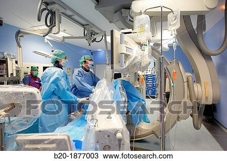 Stock Image - Angioplasty Distal, Vascular Interventional Radiology, Operating Room, Surgery, Hospital Donostia, San Sebastian, Gipuzkoa, Basque Country, Spain. Fotosearch