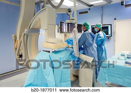 Stock Image - Angioplasty Distal, Vascular Interventional Radiology, Operating Room, Surgery, Hospital Donostia, San Sebastian, Gipuzkoa, Basque Country, Spain. Fotosearch