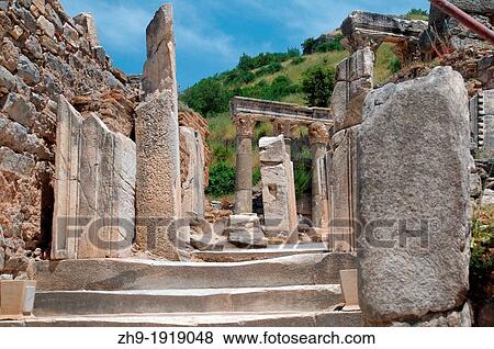 Stock Photo - Antique city of Ephesus, poppy flowers in front, Turkey, Western Asia. Fotosearch