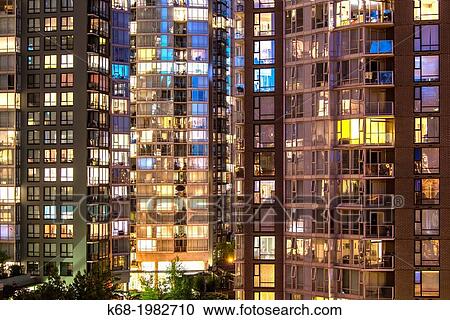 apartment buildings at night on the north shore of False Creek, Vancouver, BC, Canada. View Large Photo Image Stock Image - apartment buildings at night on the north shore of False Creek, Vancouver, BC, Canada.. Fotosearch