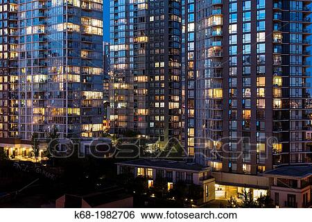 apartment buildings at night on the north shore of False Creek, Vancouver, BC, Canada. View Large Photo Image Stock Photograph - apartment buildings at night on the north shore of False Creek, Vancouver, BC, Canada.. Fotosearch