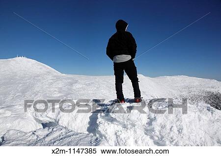 Appalachian Trail - Hiker takes in the view from the summit of Mount Monroe with Mount Washington in the background during the winter months in the White Mountains, New Hampshire USA View Large Photo Image Stock Photography - Appalachian Trail - Hiker takes in the view from the summit of Mount Monroe with Mount Washington in the background during the winter months in the White Mountains, New Hampshire USA. Fotosearch