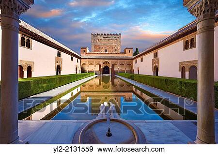 Arabesque Moorish architecture and pond of the Court of the Myrtles of the Palacios Nazaries, Alhambra. Granada, Andalusia, Spain. View Large Photo Image Stock Photo - Arabesque Moorish architecture and pond of the Court of the Myrtles of the Palacios Nazaries, Alhambra. Granada, Andalusia, Spain.. Fotosearch