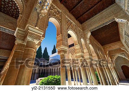 Arabesque Moorish architectureof the Patio de los Leones (Court of the Lions) of the Palacios Nazaries, Alhambra. Granada, Andalusia, Spain. View Large Photo Image Stock Image - Arabesque Moorish architectureof the Patio de los Leones (Court of the Lions) of the Palacios Nazaries, Alhambra. Granada, Andalusia, Spain.. Fotosearch