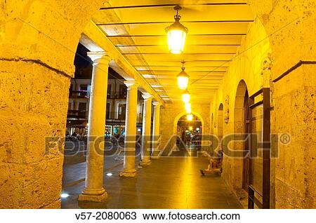 Arcade of the town hall, night view. El Burgo de Osma, Soria province, Castilla Leon, Spain. View Large Photo Image Stock Image - Arcade of the town hall, night view. El Burgo de Osma, Soria province, Castilla Leon, Spain.. Fotosearch