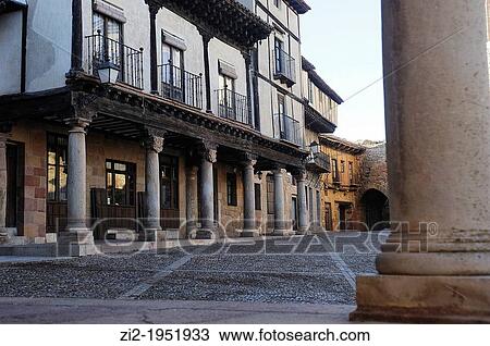Stock Image - Arcaded square. Atienza, Guadalajara, Spain.. Fotosearch