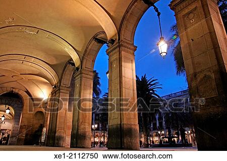 Arcades at sunset, Pla? a Reial, Barcelona, Catalonia, Spain View Large Photo Image Stock Image - Arcades at sunset, Pla? a Reial, Barcelona, Catalonia, Spain. Fotosearch
