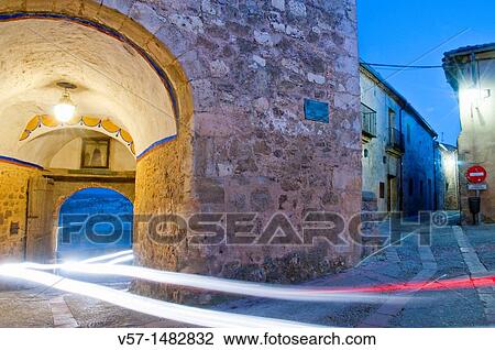 Arch and street, night view. Pedraza, Segovia province, Castilla Le? n, Spain. View Large Photo Image Stock Image - Arch and street, night view. Pedraza, Segovia province, Castilla Le? n, Spain.. Fotosearch
