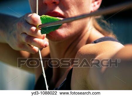Stock Image - Archer at full draw taking aim at target. Fotosearch