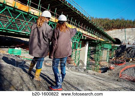 Stock Image - Architects, Construction of viaduct, Works of the new railway platform in the Basque Country, High-speed train? Basque Y?. Fotosearch