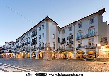Stock Image - Archs of the Giraldo Square, Evora, Alentejo Portugal, Europe. Fotosearch