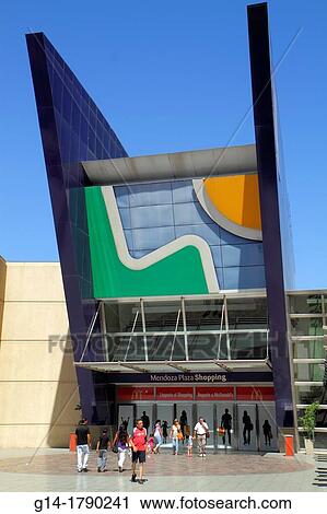 Stock Image - Argentina, Mendoza, Villa Nueva, Mendoza Plaza Shopping, mall, business, shopping center, centre, entrance, exterior, enter, exit, man, woman, boy, girl, family, front,. Fotosearch