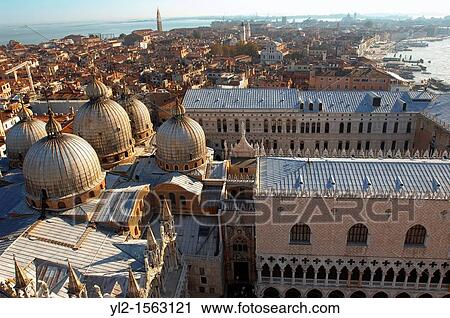 Stock Image - Arial view of saint Mark's square and basilica with Doge's Palace - Venice - Italy. Fotosearch