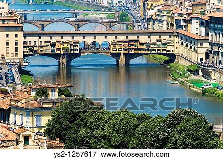 Stock Photo - Arno river and Ponte vecchio, Florence, Italy, Europe. Fotosearch