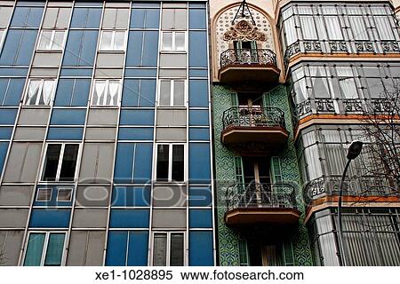 Art Noveau and offices buildings, Barcelona, Catalonia, Spain. View Large Photo Image Stock Photography - Art Noveau and offices buildings, Barcelona, Catalonia, Spain.. Fotosearch