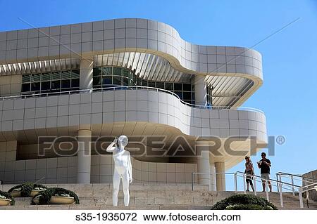 Stock Image - Art works decorated main staircases with Exhibitions Pavilion in the background. Getty Center. Los Angeles. California. USA.. Fotosearch