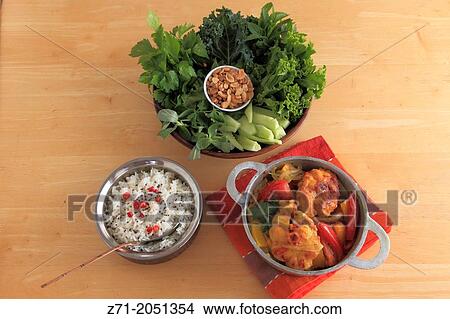 Asian food, fried stewed shark, green salad; rice,. View Large Photo Image Picture - Asian food, fried stewed shark, green salad; rice,.. Fotosearch