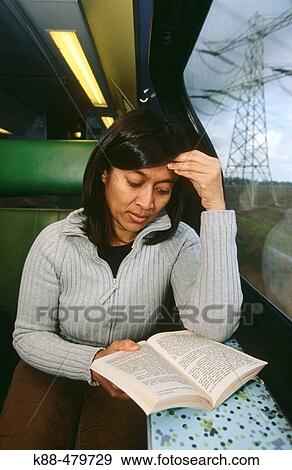 Stock Photo - Asian woman on commuter train. Fotosearch