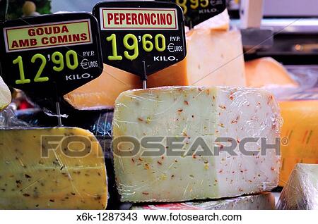 Assorted cheeses. La Boqueria market, Barcelona, Catalonia, Spain. View Large Photo Image Stock Image - Assorted cheeses. La Boqueria market, Barcelona, Catalonia, Spain.. Fotosearch