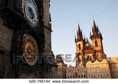 Astronomical clock on the Old Town City Hall and Tyn church, Staromestske Namesti (Old Town Square), Prague, Czech Republic View Large Photo Image Picture - Astronomical clock on the Old Town City Hall and Tyn church, Staromestske Namesti (Old Town Square), Prague, Czech Republic. Fotosearch