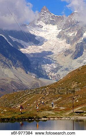 At lake Stellisee near Zermatt, Mt Oberes Gabelhorn in the back, Zermatt, Valais, Switzerland View Large Photo Image Picture - At lake Stellisee near Zermatt, Mt Oberes Gabelhorn in the back, Zermatt, Valais, Switzerland. Fotosearch
