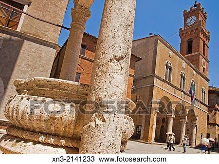 At left travertine Well in square Pio II, Piazza Pio II, at right Palazzo Comunale, town hall, Corso il Rossellino street, Pienza, Val dOrcia, or Valdorcia, Siena Province, Tuscany, Italy, Europe. View Large Photo Image Stock Image - At left travertine Well in square Pio II, Piazza Pio II, at right Palazzo Comunale, town hall, Corso il Rossellino street, Pienza, Val dOrcia, or Valdorcia, Siena Province, Tuscany, Italy, Europe.. Fotosearch