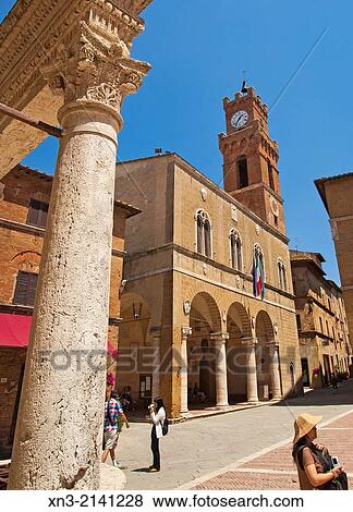 At left travertine Well in square Pio II, Piazza Pio II, on background Palazzo Comunale, town hall, Corso il Rossellino street, Pienza, Val dOrcia, or Valdorcia, Siena Province, Tuscany, Italy, Europe. View Large Photo Image Stock Photo - At left travertine Well in square Pio II, Piazza Pio II, on background Palazzo Comunale, town hall, Corso il Rossellino street, Pienza, Val dOrcia, or Valdorcia, Siena Province, Tuscany, Italy, Europe.. Fotosearch